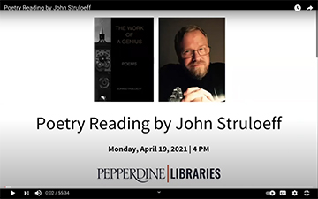 Portrait of John Struloeff next to cover image of his book