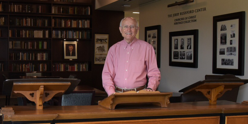 Jerry Rushford at historic pulpit