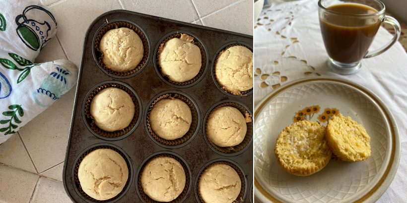 Muffins in a muffin pan and a cut open muffin