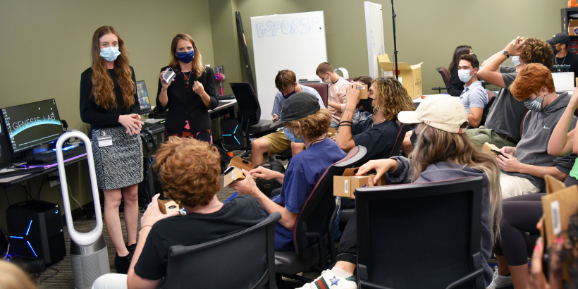 Lauren Haberstock (left) leading a classroom discussion