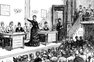 This wood engraving shows a session of the National Woman's Suffrage Association during a political convention in Chicago in 1880. 