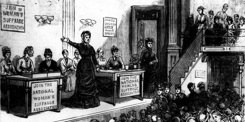 This wood engraving shows a session of the National Woman's Suffrage Association during a political convention in Chicago, Ill., in 1880. (AP Photo)