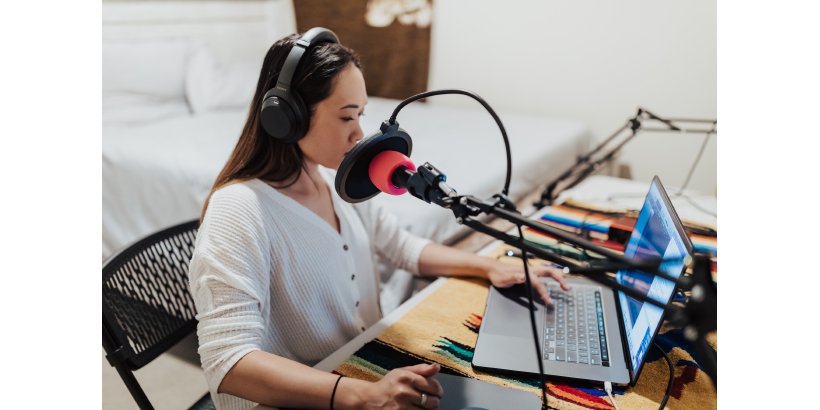 Dorothy Chow at podcast microphone